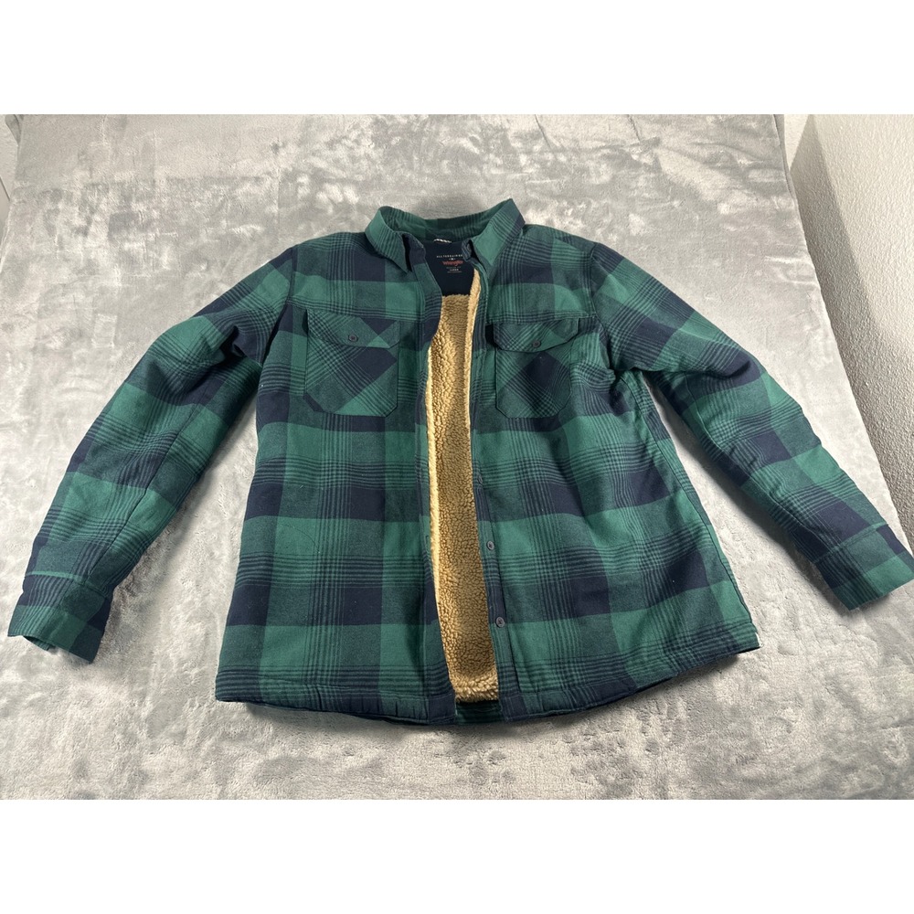 Wrangler ATG Mens Green Plaid Sherpa Lined Flannel Shirt Jacket Large
